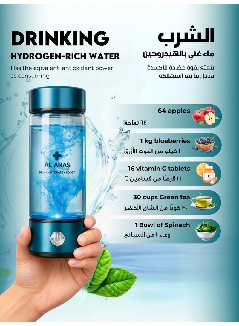 Al Aras Hydrogen Water Bottle Generator – 2200PPB | Portable Rechargeable SPE/PEM Hydrogen Water Maker, 420ml, Type-C, For Home Office Travel & Fitness - Image 2